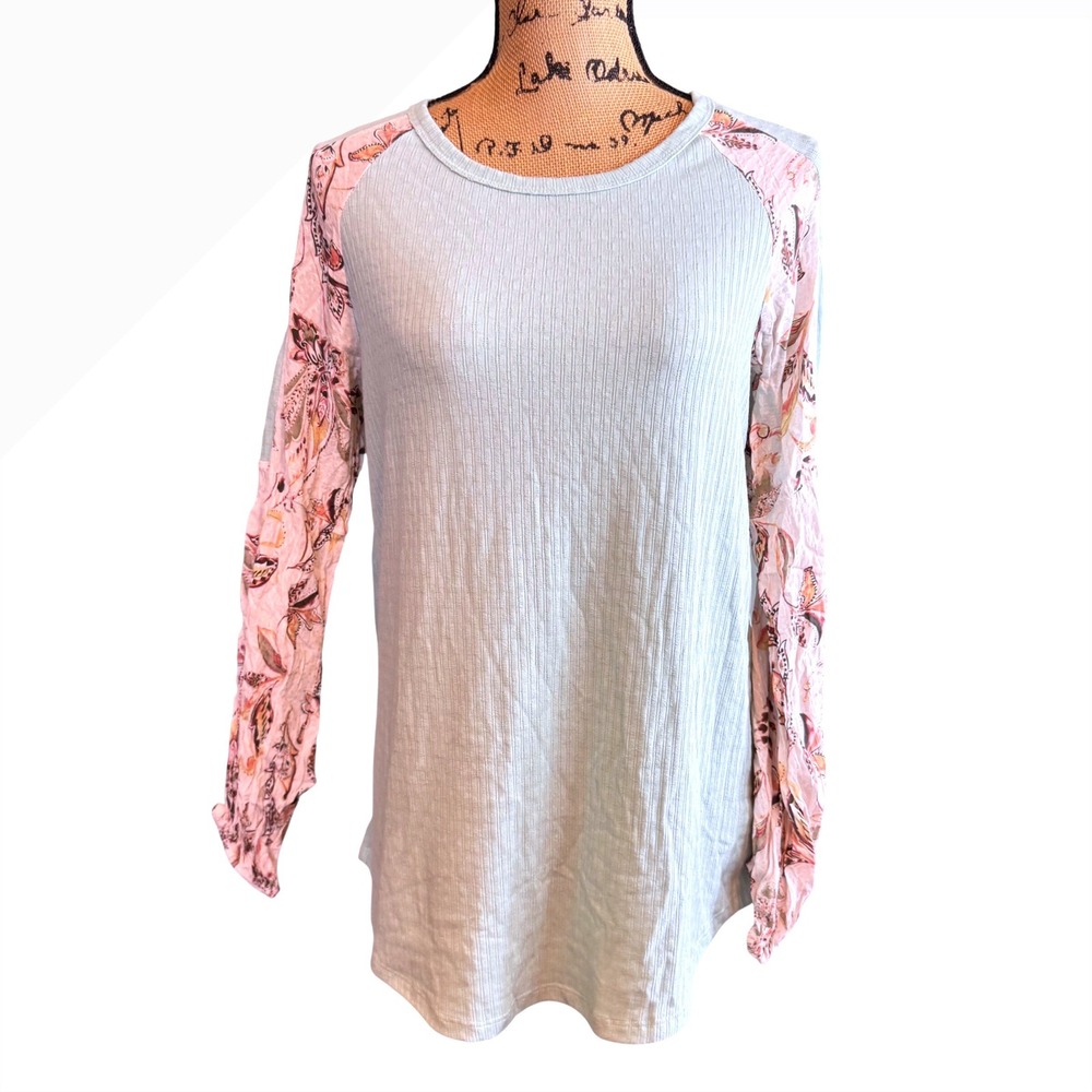 Lovely Melody Sage Green Ribbed Paisley Raglan Sleeve Top S LMT2953